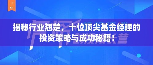 揭秘行业翘楚，十位顶尖基金经理的投资策略与成功秘籍！